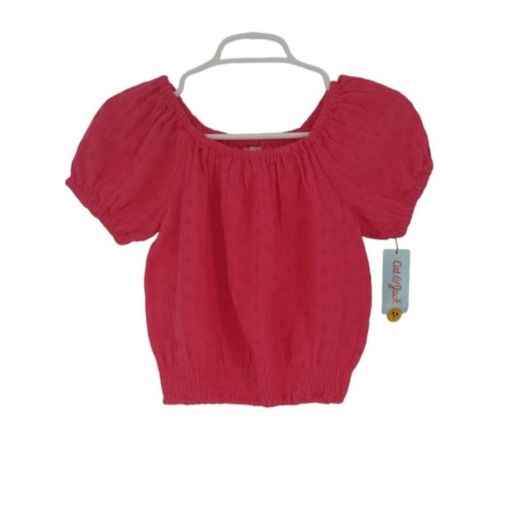 Cat & Jack Girls Pink Puff Sleeve Embroidered Blouse Size M/ 8.